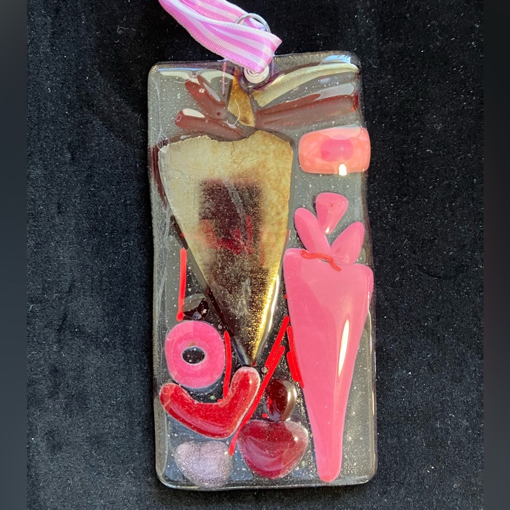 Twin Hearts” Fused Art Glass  Hanging Plaque 6”x3”Original Design Handmade